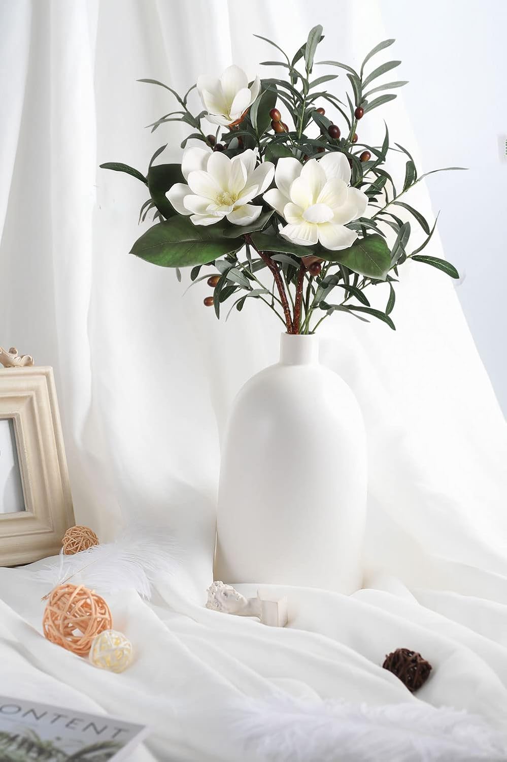 White Silk Magnolia Flowers with Olive Branches for Vases Real Touch White Flower Combo Artificial Olive Branches 30" Long Stem Artificial Flowers for Tall Vase Home Decor Indoor (White)