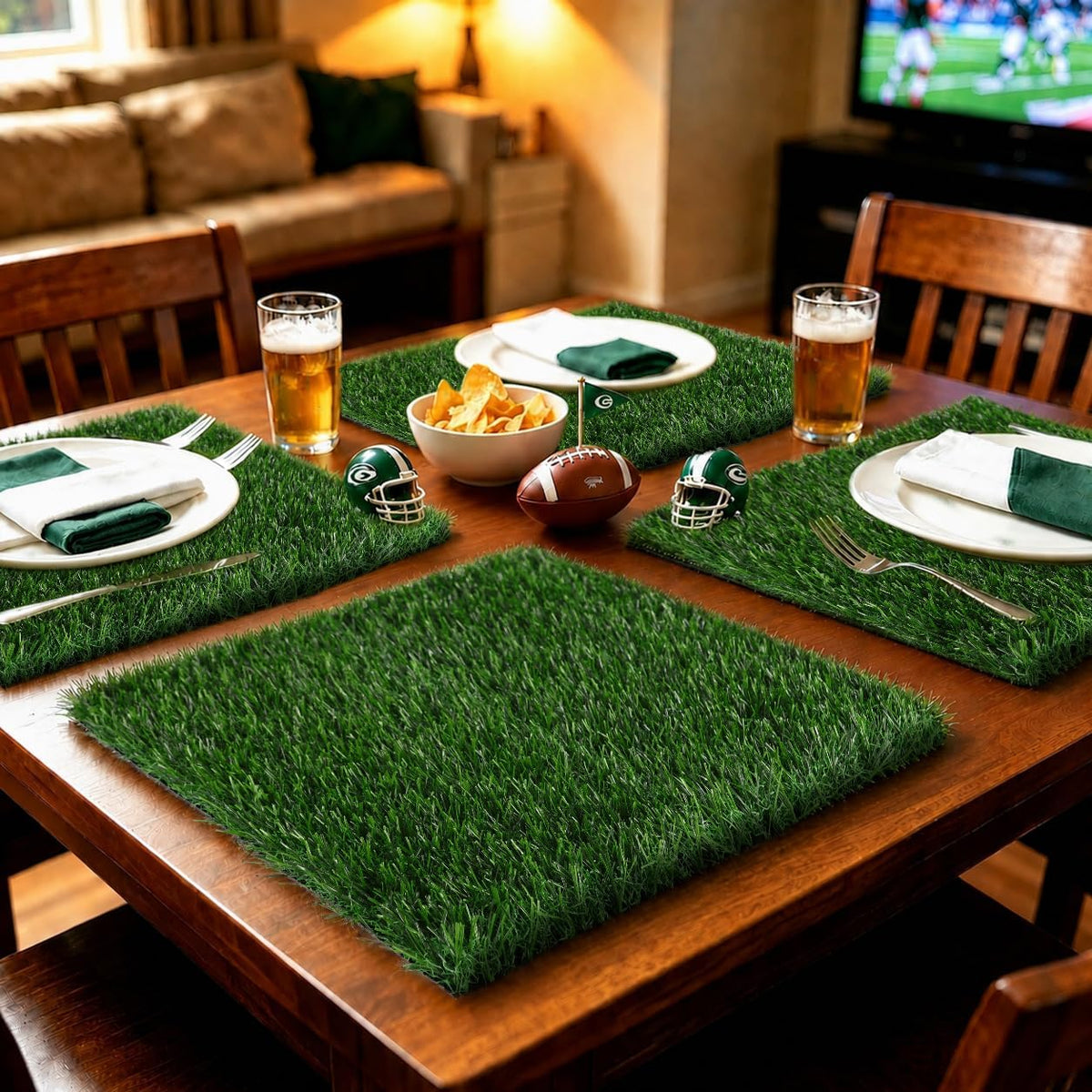6 Pack Artificial Grass Square Placemats for Golf Party Decorations - 12"x12" Fake Grass Mats for Crafts Football Table Centerpiece, Realistic Synthetic Pet Dog Turf Patch
