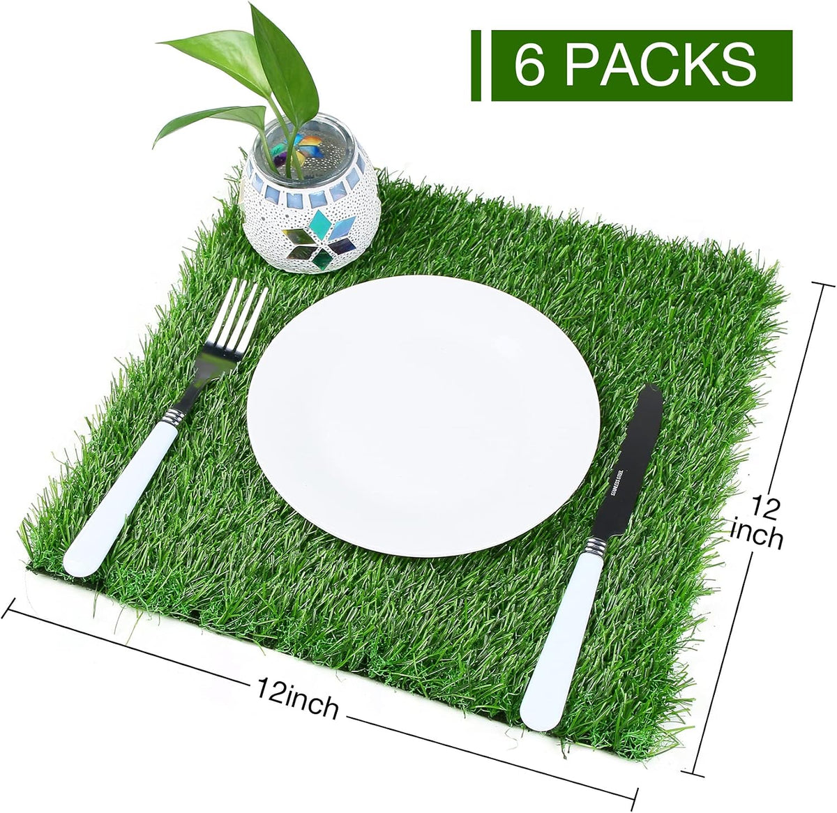6 Pack Artificial Grass Square Placemats for Golf Party Decorations - 12"x12" Fake Grass Mats for Crafts Football Table Centerpiece, Realistic Synthetic Pet Dog Turf Patch