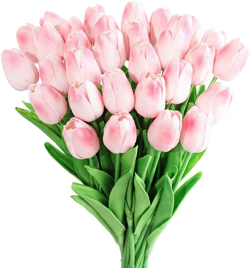 30Pcs Latex Tulips Real Touch Red and Yellow Artificial Flowers Fake Tulips Arrangement Bouquet for Home Office Wedding Decor (Red and Yellow)