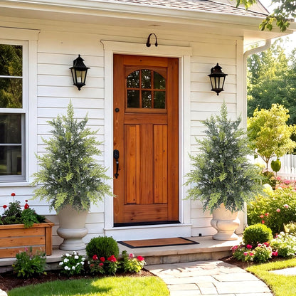 Outdoor Artificial Topiary Cedar Tree Real Touch Faux Pine Evergreen Shrub Plant UV Resistant Greenery Tree with Pot Realistic Cypress Front Porch Decor (2FT-1Pack)