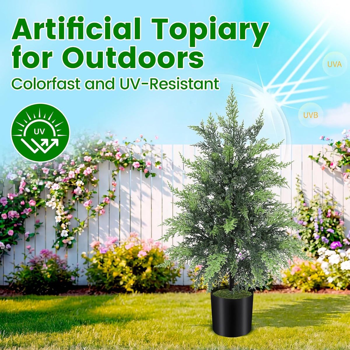 Outdoor Artificial Topiary Cedar Tree Real Touch Faux Pine Evergreen Shrub Plant UV Resistant Greenery Tree with Pot Realistic Cypress Front Porch Decor (2FT-1Pack)