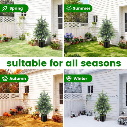 Outdoor Artificial Topiary Cedar Tree Real Touch Faux Pine Evergreen Shrub Plant UV Resistant Greenery Tree with Pot Realistic Cypress Front Porch Decor (2FT-1Pack)