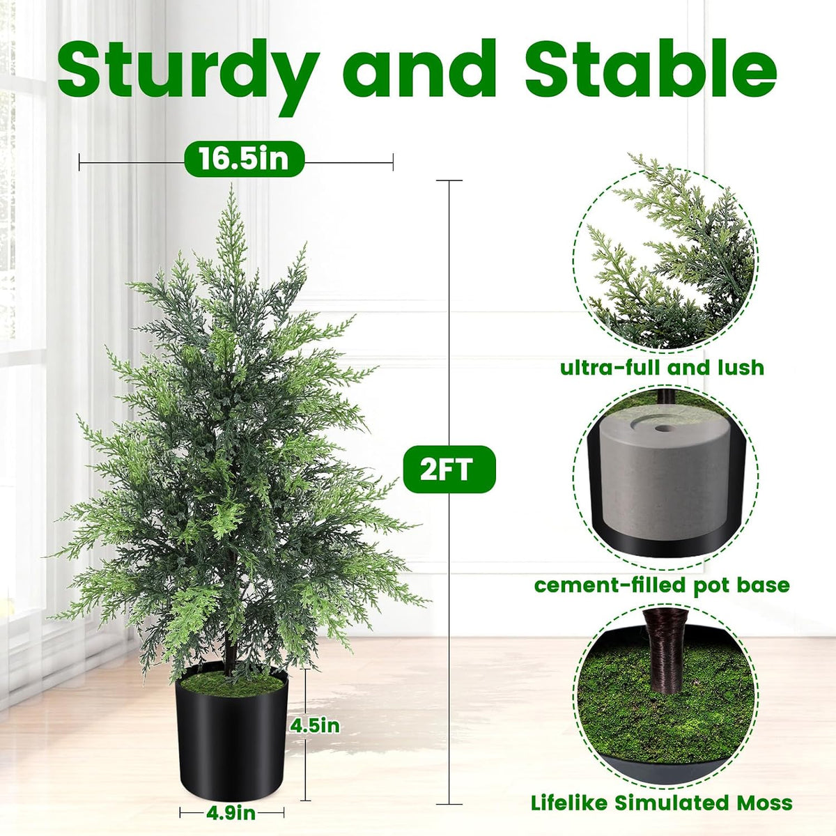 Outdoor Artificial Topiary Cedar Tree Real Touch Faux Pine Evergreen Shrub Plant UV Resistant Greenery Tree with Pot Realistic Cypress Front Porch Decor (2FT-1Pack)