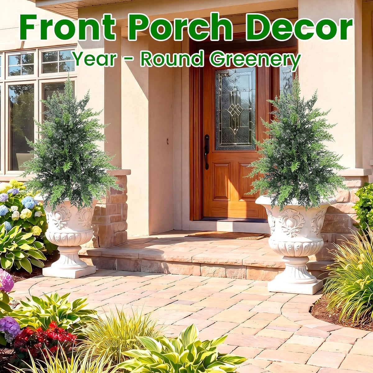 Outdoor Artificial Topiary Cedar Tree Real Touch Faux Pine Evergreen Shrub Plant UV Resistant Greenery Tree with Pot Realistic Cypress Front Porch Decor (2FT-1Pack)