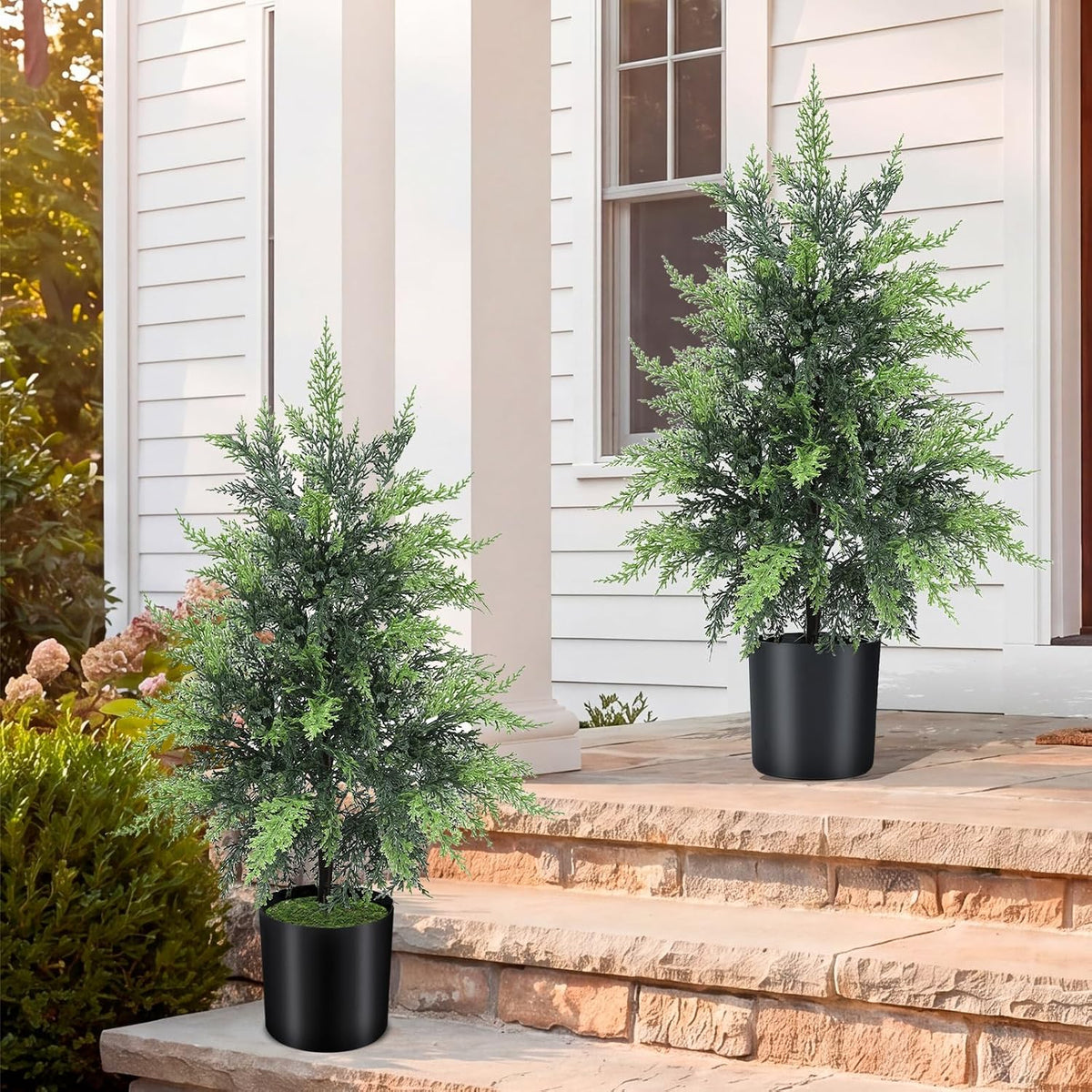 Outdoor Artificial Topiary Cedar Tree Real Touch Faux Pine Evergreen Shrub Plant UV Resistant Greenery Tree with Pot Realistic Cypress Front Porch Decor (2FT-1Pack)