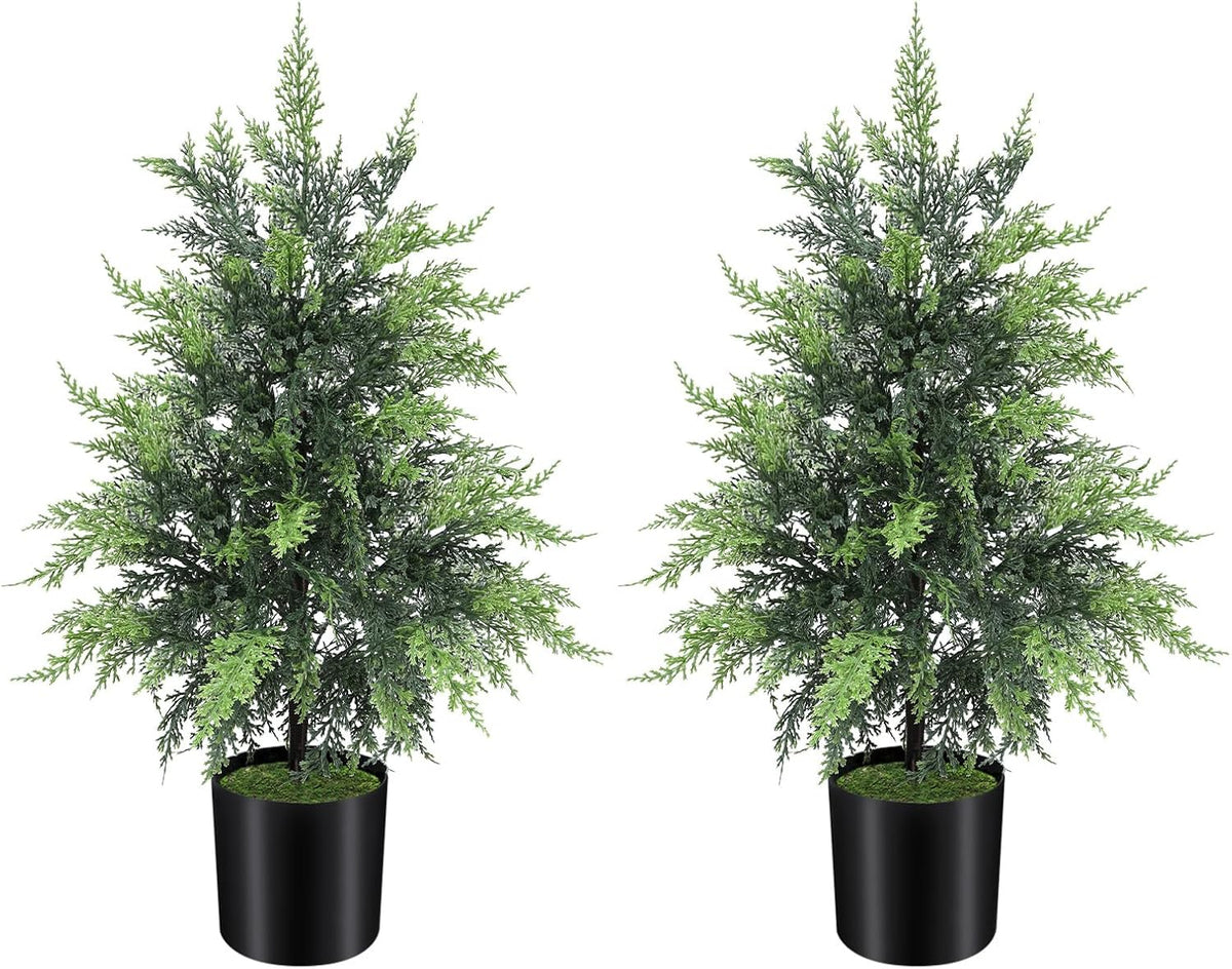 Outdoor Artificial Topiary Cedar Tree Real Touch Faux Pine Evergreen Shrub Plant UV Resistant Greenery Tree with Pot Realistic Cypress Front Porch Decor (2FT-1Pack)