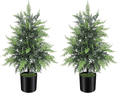 Outdoor Artificial Topiary Cedar Tree Real Touch Faux Pine Evergreen Shrub Plant UV Resistant Greenery Tree with Pot Realistic Cypress Front Porch Decor (2FT-1Pack)