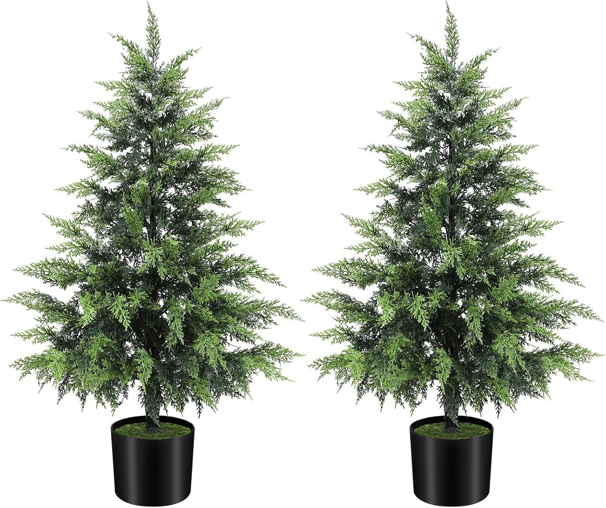 Outdoor Artificial Topiary Cedar Tree Real Touch Faux Pine Evergreen Shrub Plant UV Resistant Greenery Tree with Pot Realistic Cypress Front Porch Decor (2FT-1Pack)