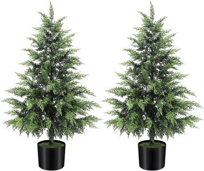 Outdoor Artificial Topiary Cedar Tree Real Touch Faux Pine Evergreen Shrub Plant UV Resistant Greenery Tree with Pot Realistic Cypress Front Porch Decor (2FT-1Pack)