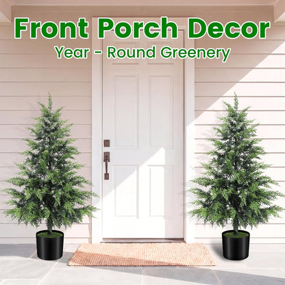 Outdoor Artificial Topiary Cedar Tree Real Touch Faux Pine Evergreen Shrub Plant UV Resistant Greenery Tree with Pot Realistic Cypress Front Porch Decor (2FT-1Pack)