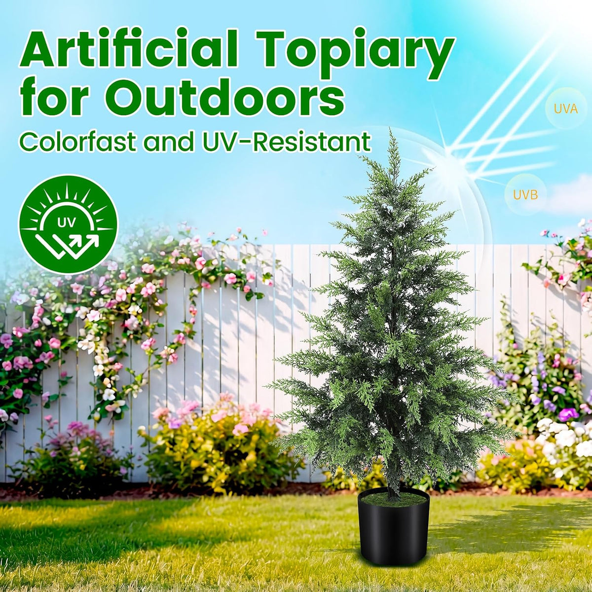 Outdoor Artificial Topiary Cedar Tree Real Touch Faux Pine Evergreen Shrub Plant UV Resistant Greenery Tree with Pot Realistic Cypress Front Porch Decor (2FT-1Pack)