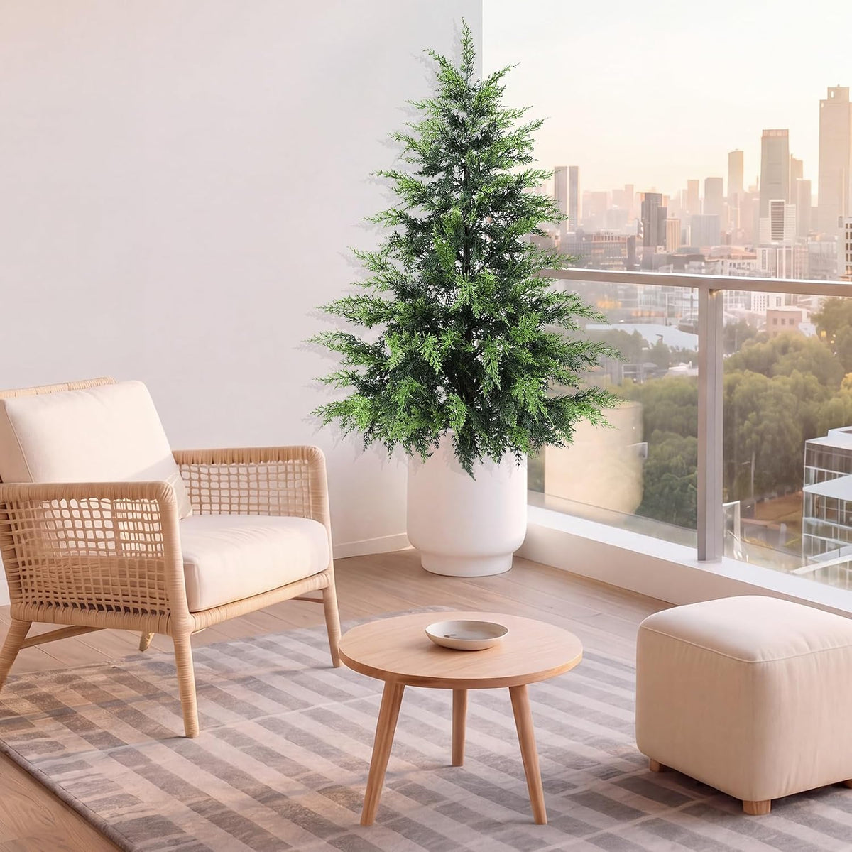 Outdoor Artificial Topiary Cedar Tree Real Touch Faux Pine Evergreen Shrub Plant UV Resistant Greenery Tree with Pot Realistic Cypress Front Porch Decor (2FT-1Pack)