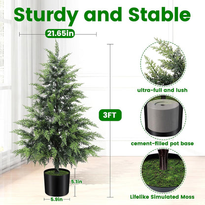 Outdoor Artificial Topiary Cedar Tree Real Touch Faux Pine Evergreen Shrub Plant UV Resistant Greenery Tree with Pot Realistic Cypress Front Porch Decor (2FT-1Pack)