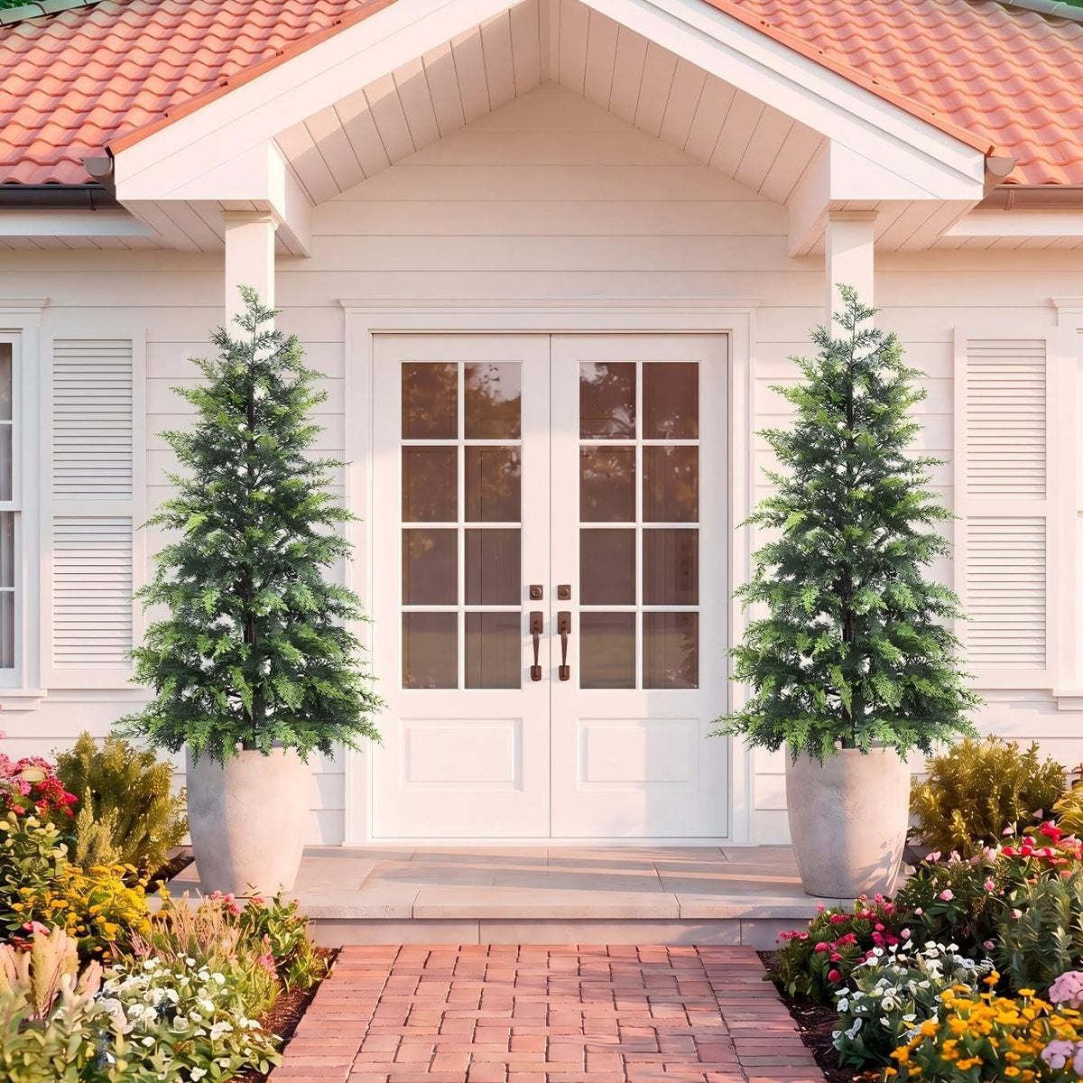 Outdoor Artificial Topiary Cedar Tree Real Touch Faux Pine Evergreen Shrub Plant UV Resistant Greenery Tree with Pot Realistic Cypress Front Porch Decor (2FT-1Pack)