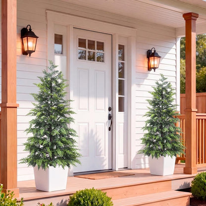 Outdoor Artificial Topiary Cedar Tree Real Touch Faux Pine Evergreen Shrub Plant UV Resistant Greenery Tree with Pot Realistic Cypress Front Porch Decor (2FT-1Pack)