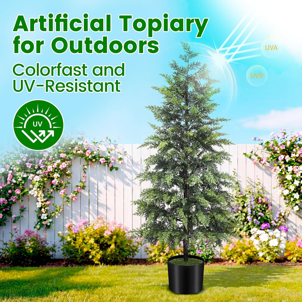 Outdoor Artificial Topiary Cedar Tree Real Touch Faux Pine Evergreen Shrub Plant UV Resistant Greenery Tree with Pot Realistic Cypress Front Porch Decor (2FT-1Pack)