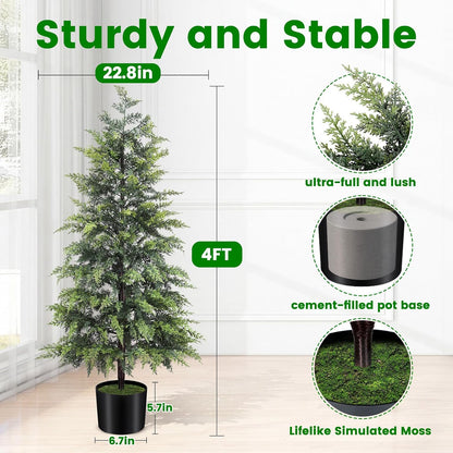 Outdoor Artificial Topiary Cedar Tree Real Touch Faux Pine Evergreen Shrub Plant UV Resistant Greenery Tree with Pot Realistic Cypress Front Porch Decor (2FT-1Pack)