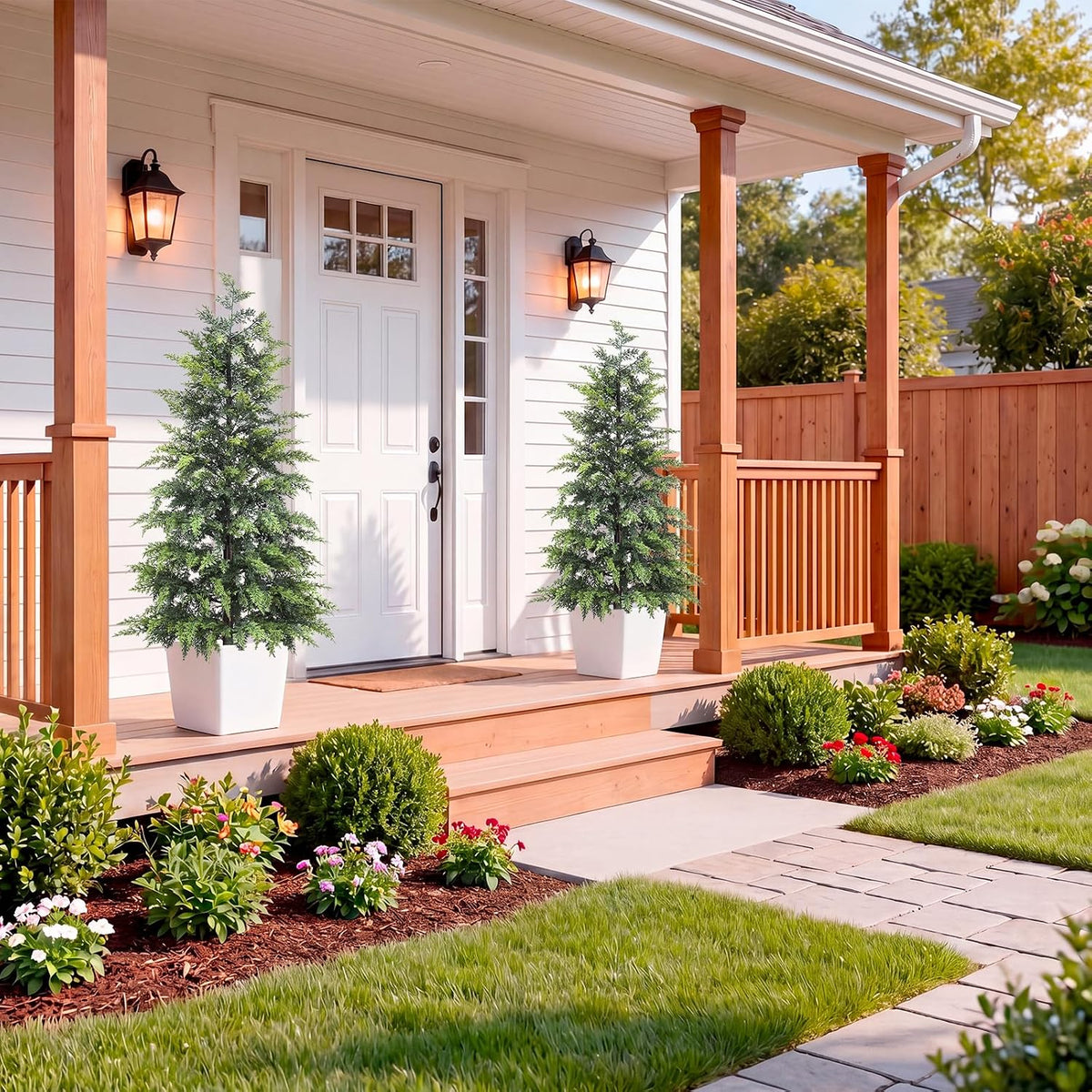 Outdoor Artificial Topiary Cedar Tree Real Touch Faux Pine Evergreen Shrub Plant UV Resistant Greenery Tree with Pot Realistic Cypress Front Porch Decor (2FT-1Pack)