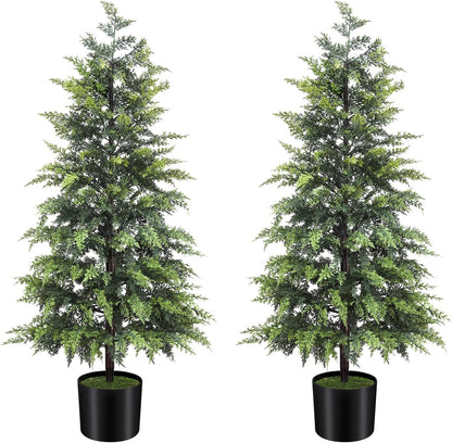 Outdoor Artificial Topiary Cedar Tree Real Touch Faux Pine Evergreen Shrub Plant UV Resistant Greenery Tree with Pot Realistic Cypress Front Porch Decor (2FT-1Pack)