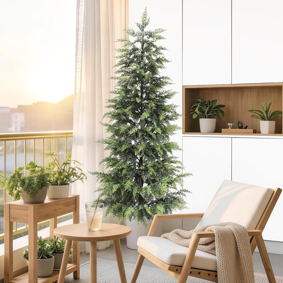 Outdoor Artificial Topiary Cedar Tree Real Touch Faux Pine Evergreen Shrub Plant UV Resistant Greenery Tree with Pot Realistic Cypress Front Porch Decor (2FT-1Pack)