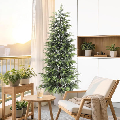 Outdoor Artificial Topiary Cedar Tree Real Touch Faux Pine Evergreen Shrub Plant UV Resistant Greenery Tree with Pot Realistic Cypress Front Porch Decor (2FT-1Pack)