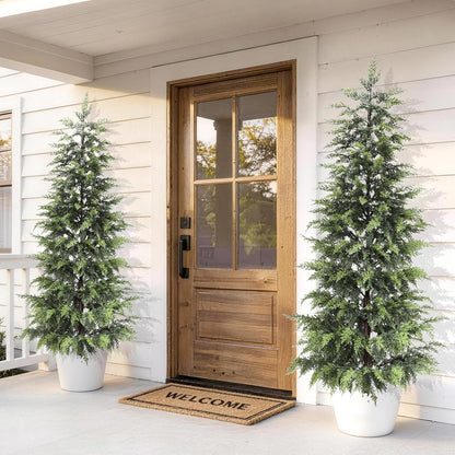 Outdoor Artificial Topiary Cedar Tree Real Touch Faux Pine Evergreen Shrub Plant UV Resistant Greenery Tree with Pot Realistic Cypress Front Porch Decor (2FT-1Pack)
