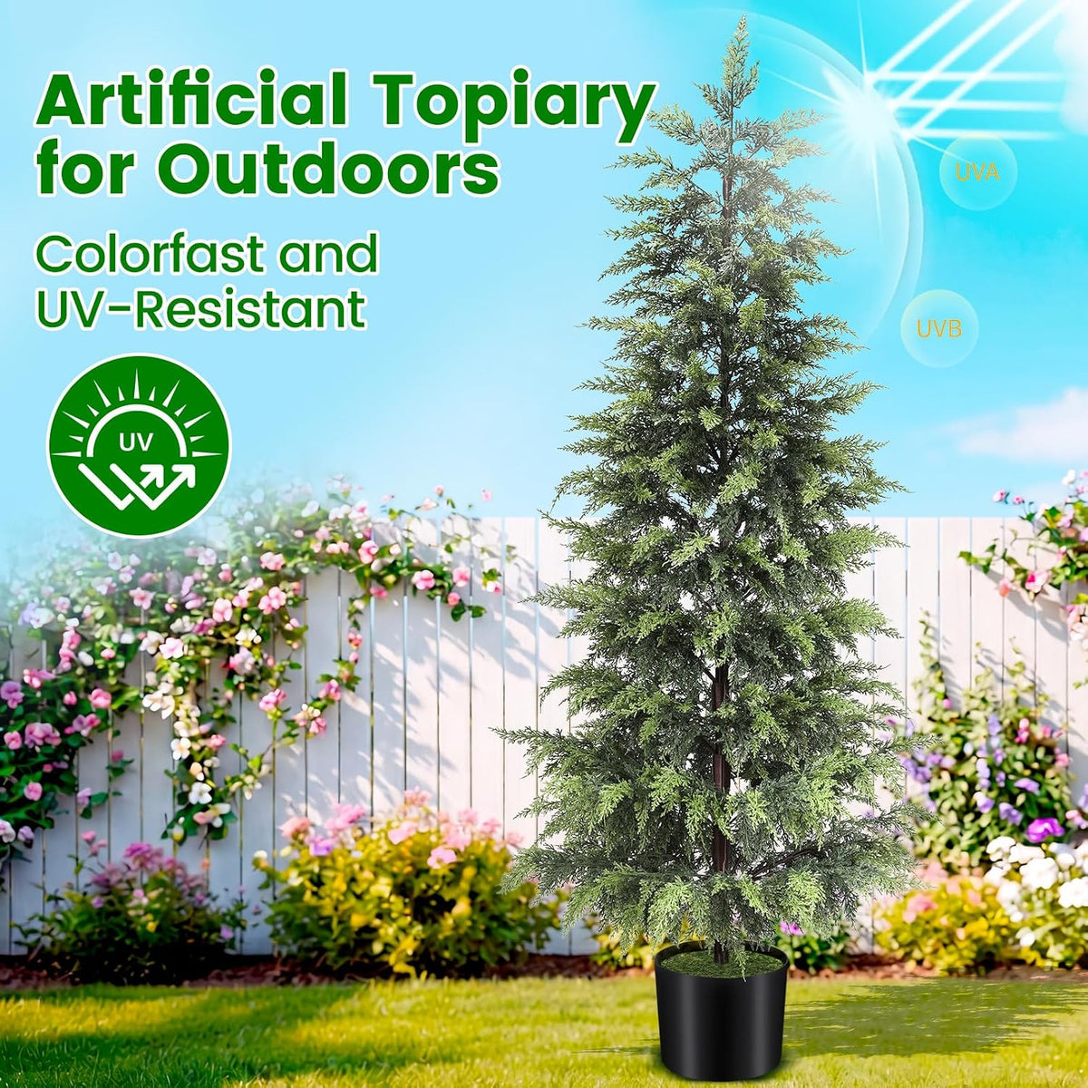 Outdoor Artificial Topiary Cedar Tree Real Touch Faux Pine Evergreen Shrub Plant UV Resistant Greenery Tree with Pot Realistic Cypress Front Porch Decor (2FT-1Pack)