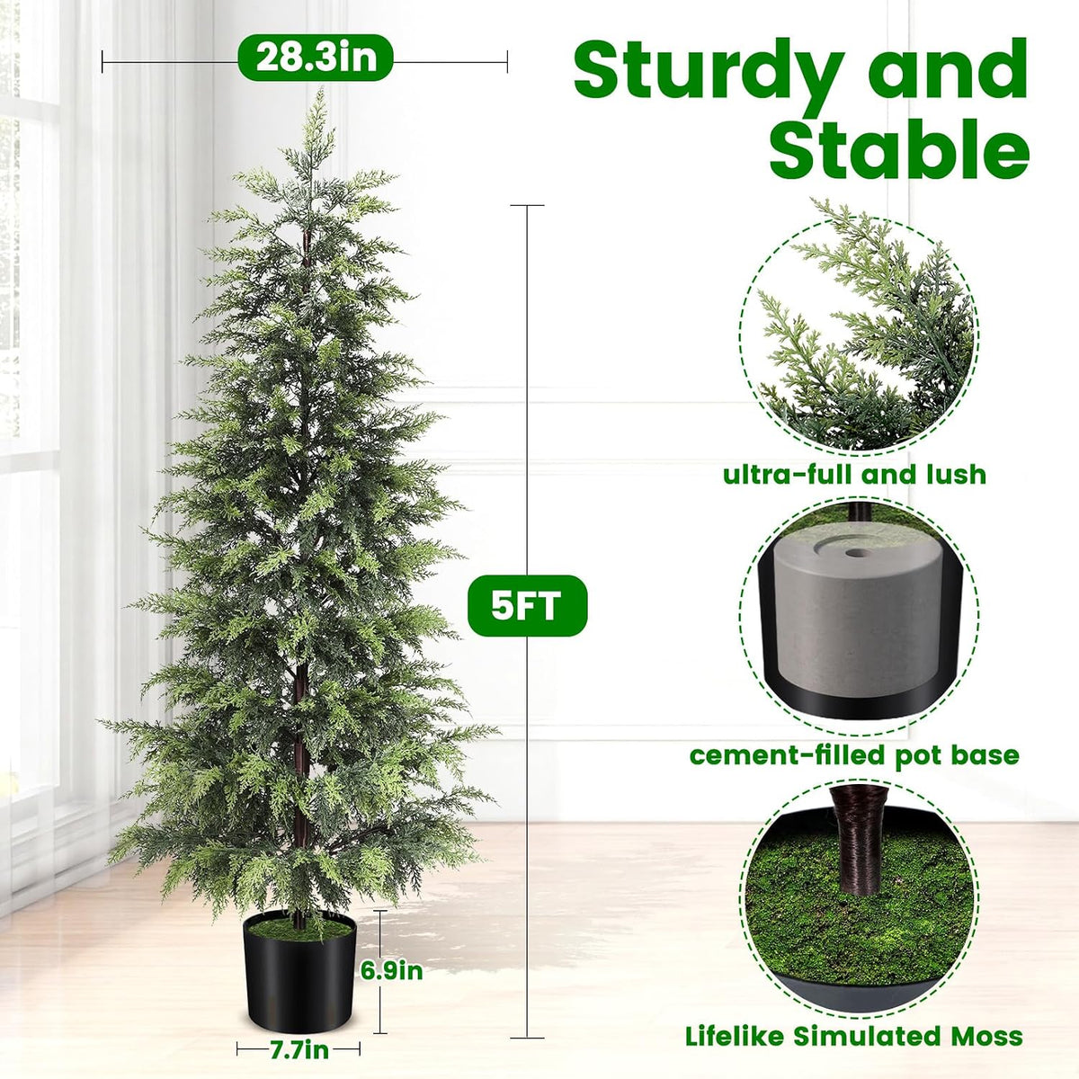 Outdoor Artificial Topiary Cedar Tree Real Touch Faux Pine Evergreen Shrub Plant UV Resistant Greenery Tree with Pot Realistic Cypress Front Porch Decor (2FT-1Pack)