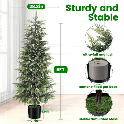 Outdoor Artificial Topiary Cedar Tree Real Touch Faux Pine Evergreen Shrub Plant UV Resistant Greenery Tree with Pot Realistic Cypress Front Porch Decor (2FT-1Pack)