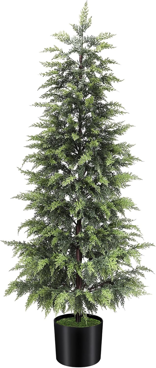 Outdoor Artificial Topiary Cedar Tree Real Touch Faux Pine Evergreen Shrub Plant UV Resistant Greenery Tree with Pot Realistic Cypress Front Porch Decor (2FT-1Pack)