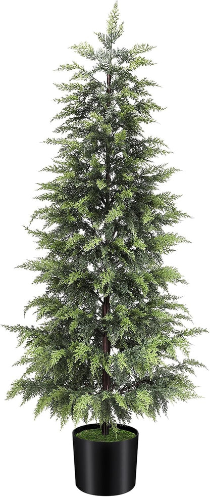 Outdoor Artificial Topiary Cedar Tree Real Touch Faux Pine Evergreen Shrub Plant UV Resistant Greenery Tree with Pot Realistic Cypress Front Porch Decor (2FT-1Pack)