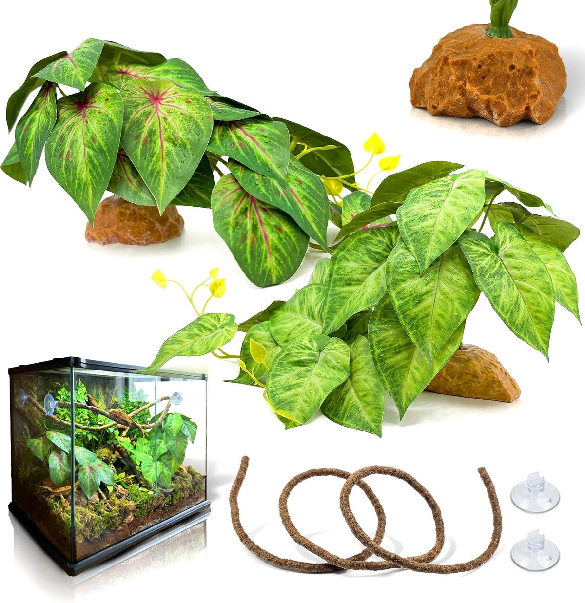 3PC Reptile Terrarium Habitat Decor Kit – Realistic Artificial Reptile Plants with Hanging Vine, Resin Stone Base – Jungle Rainforest Habitat & Climbing for Lizard & Amphibians (Syngonium)