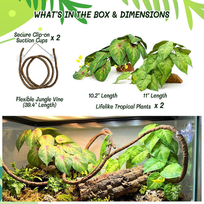 3PC Reptile Terrarium Habitat Decor Kit – Realistic Artificial Reptile Plants with Hanging Vine, Resin Stone Base – Jungle Rainforest Habitat & Climbing for Lizard & Amphibians (Syngonium)