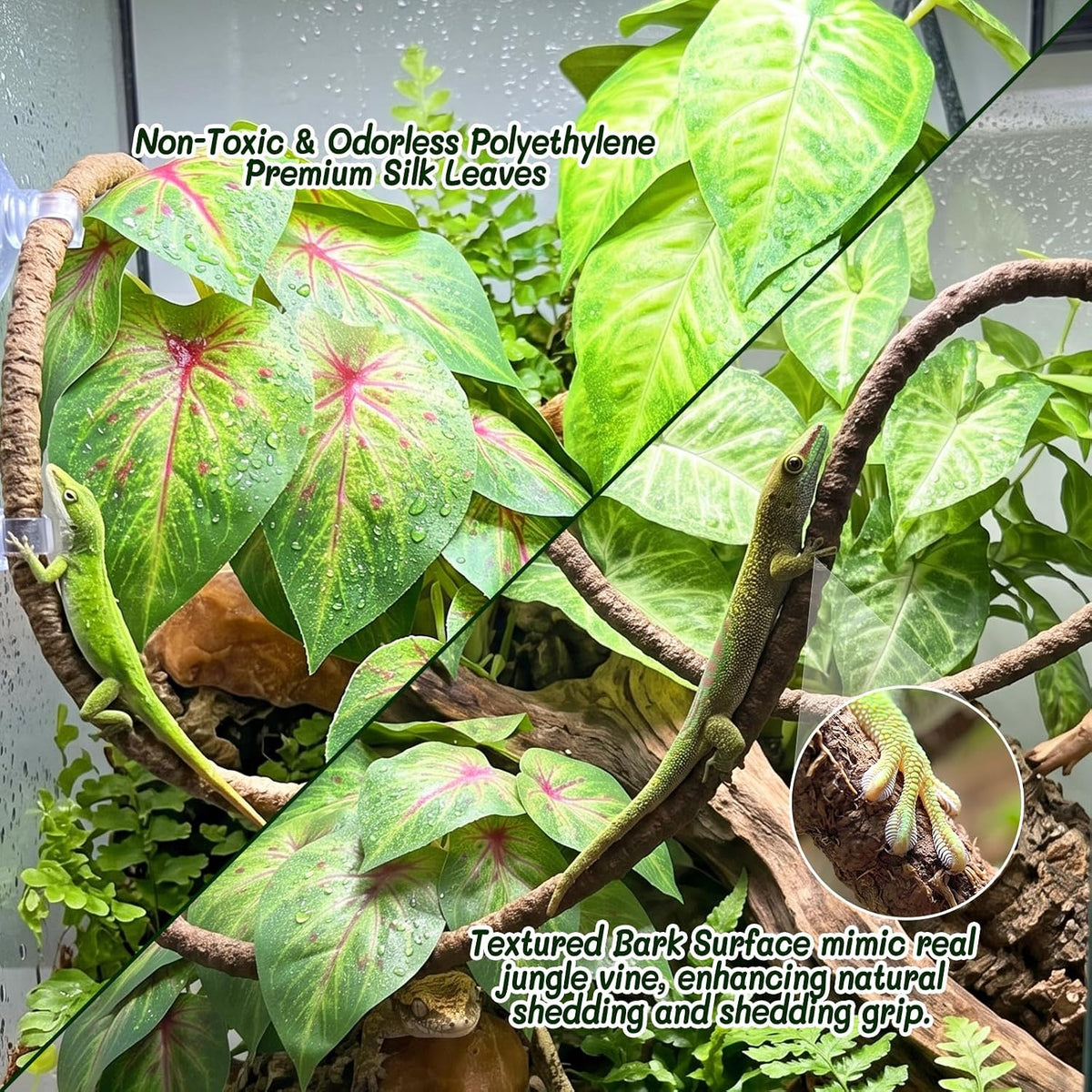 3PC Reptile Terrarium Habitat Decor Kit – Realistic Artificial Reptile Plants with Hanging Vine, Resin Stone Base – Jungle Rainforest Habitat & Climbing for Lizard & Amphibians (Syngonium)