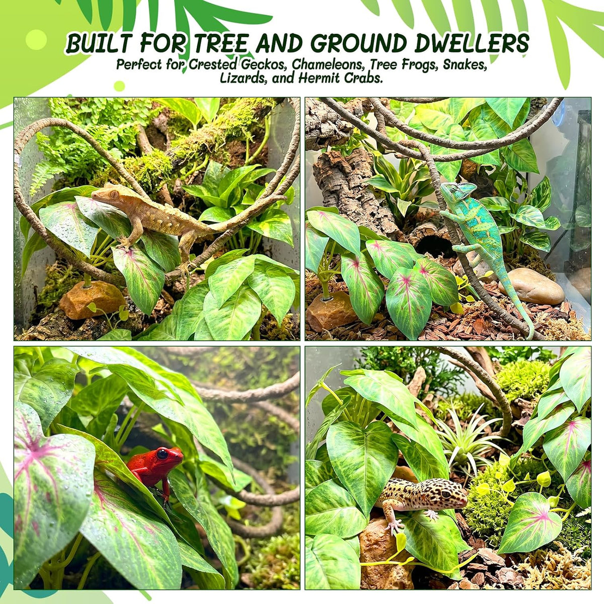 3PC Reptile Terrarium Habitat Decor Kit – Realistic Artificial Reptile Plants with Hanging Vine, Resin Stone Base – Jungle Rainforest Habitat & Climbing for Lizard & Amphibians (Syngonium)
