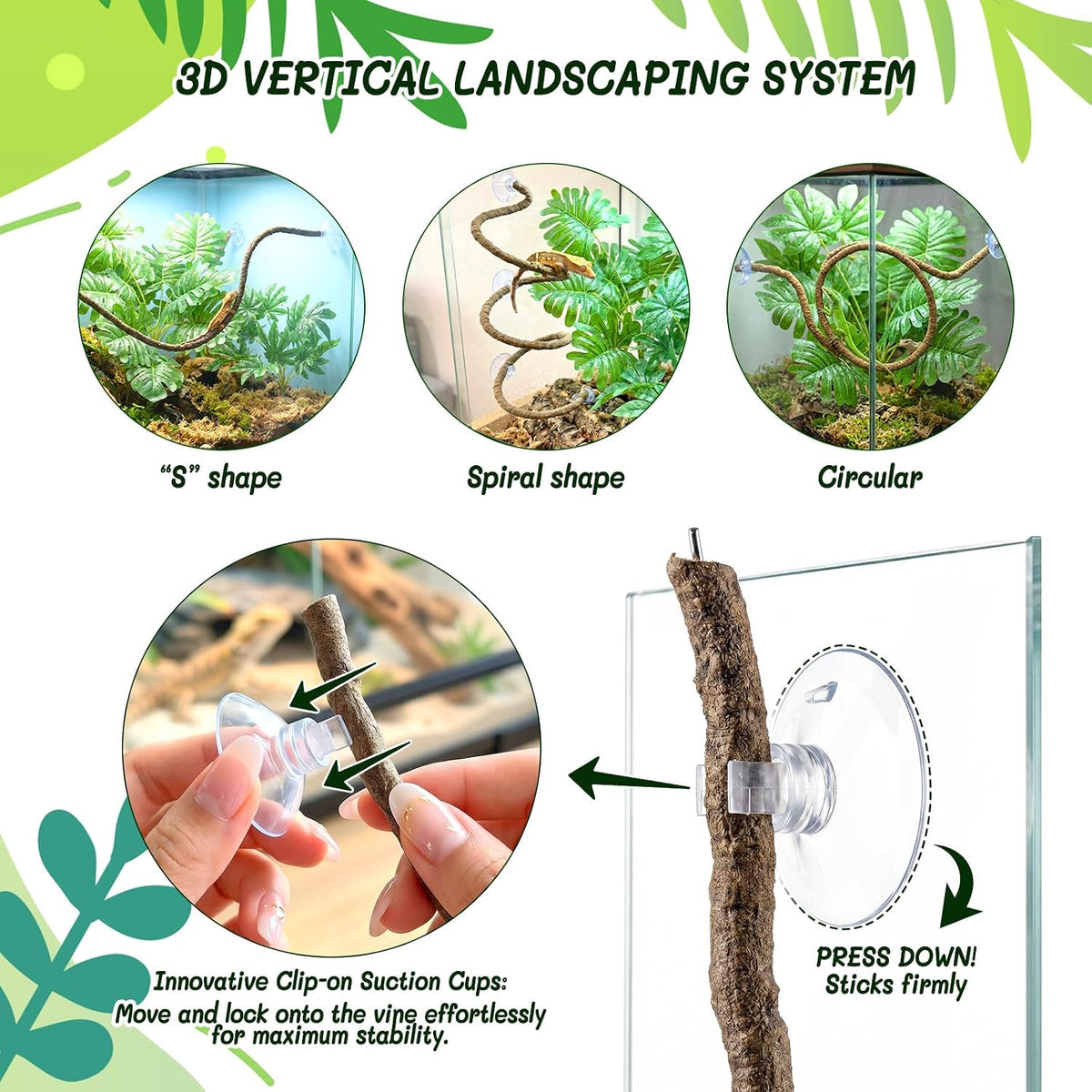 3PC Reptile Terrarium Habitat Decor Kit – Realistic Artificial Reptile Plants with Hanging Vine, Resin Stone Base – Jungle Rainforest Habitat & Climbing for Lizard & Amphibians (Syngonium)