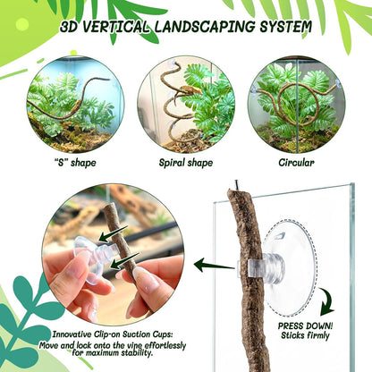 3PC Reptile Terrarium Habitat Decor Kit – Realistic Artificial Reptile Plants with Hanging Vine, Resin Stone Base – Jungle Rainforest Habitat & Climbing for Lizard & Amphibians (Syngonium)
