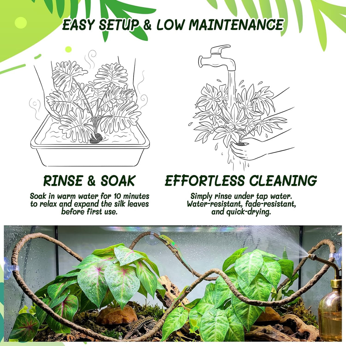 3PC Reptile Terrarium Habitat Decor Kit – Realistic Artificial Reptile Plants with Hanging Vine, Resin Stone Base – Jungle Rainforest Habitat & Climbing for Lizard & Amphibians (Syngonium)