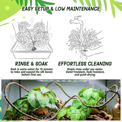3PC Reptile Terrarium Habitat Decor Kit – Realistic Artificial Reptile Plants with Hanging Vine, Resin Stone Base – Jungle Rainforest Habitat & Climbing for Lizard & Amphibians (Syngonium)
