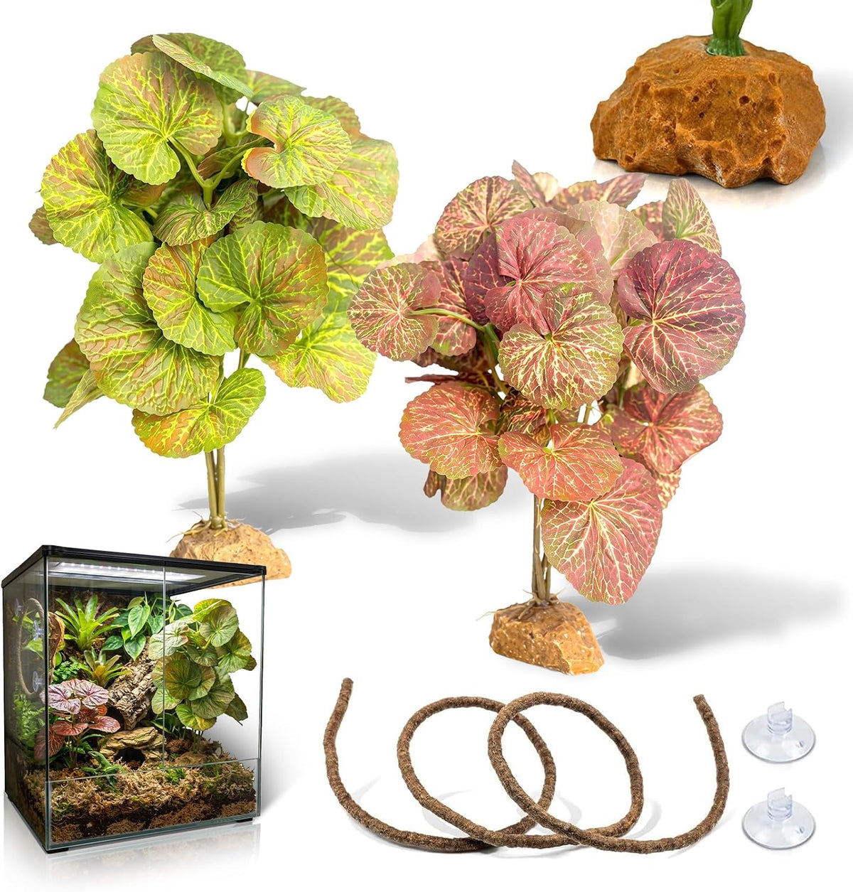 3PC Reptile Terrarium Habitat Decor Kit – Realistic Artificial Reptile Plants with Hanging Vine, Resin Stone Base – Jungle Rainforest Habitat & Climbing for Lizard & Amphibians (Syngonium)