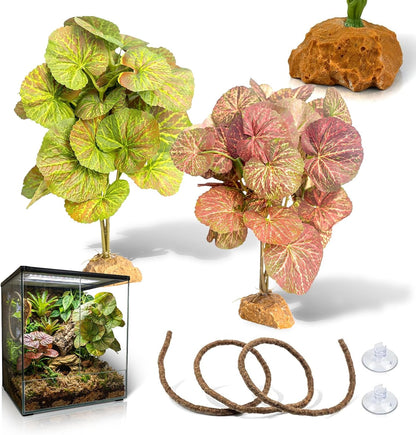 3PC Reptile Terrarium Habitat Decor Kit – Realistic Artificial Reptile Plants with Hanging Vine, Resin Stone Base – Jungle Rainforest Habitat & Climbing for Lizard & Amphibians (Syngonium)