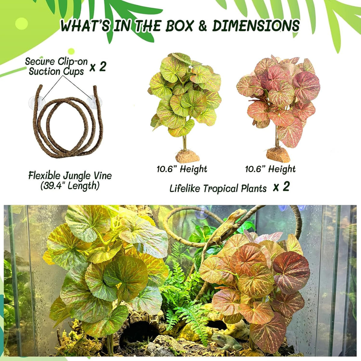 3PC Reptile Terrarium Habitat Decor Kit – Realistic Artificial Reptile Plants with Hanging Vine, Resin Stone Base – Jungle Rainforest Habitat & Climbing for Lizard & Amphibians (Syngonium)