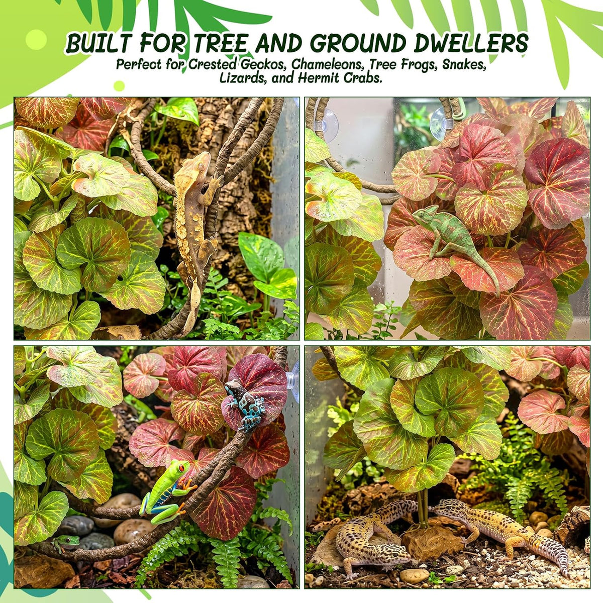 3PC Reptile Terrarium Habitat Decor Kit – Realistic Artificial Reptile Plants with Hanging Vine, Resin Stone Base – Jungle Rainforest Habitat & Climbing for Lizard & Amphibians (Syngonium)