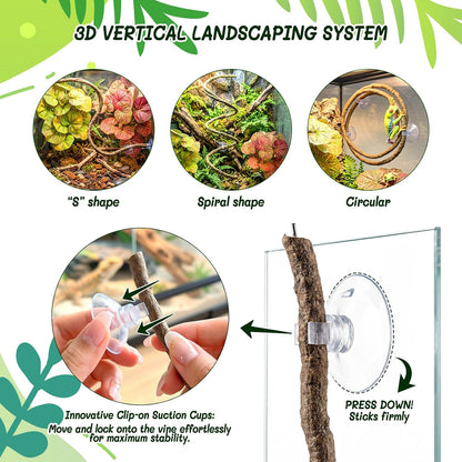 3PC Reptile Terrarium Habitat Decor Kit – Realistic Artificial Reptile Plants with Hanging Vine, Resin Stone Base – Jungle Rainforest Habitat & Climbing for Lizard & Amphibians (Syngonium)