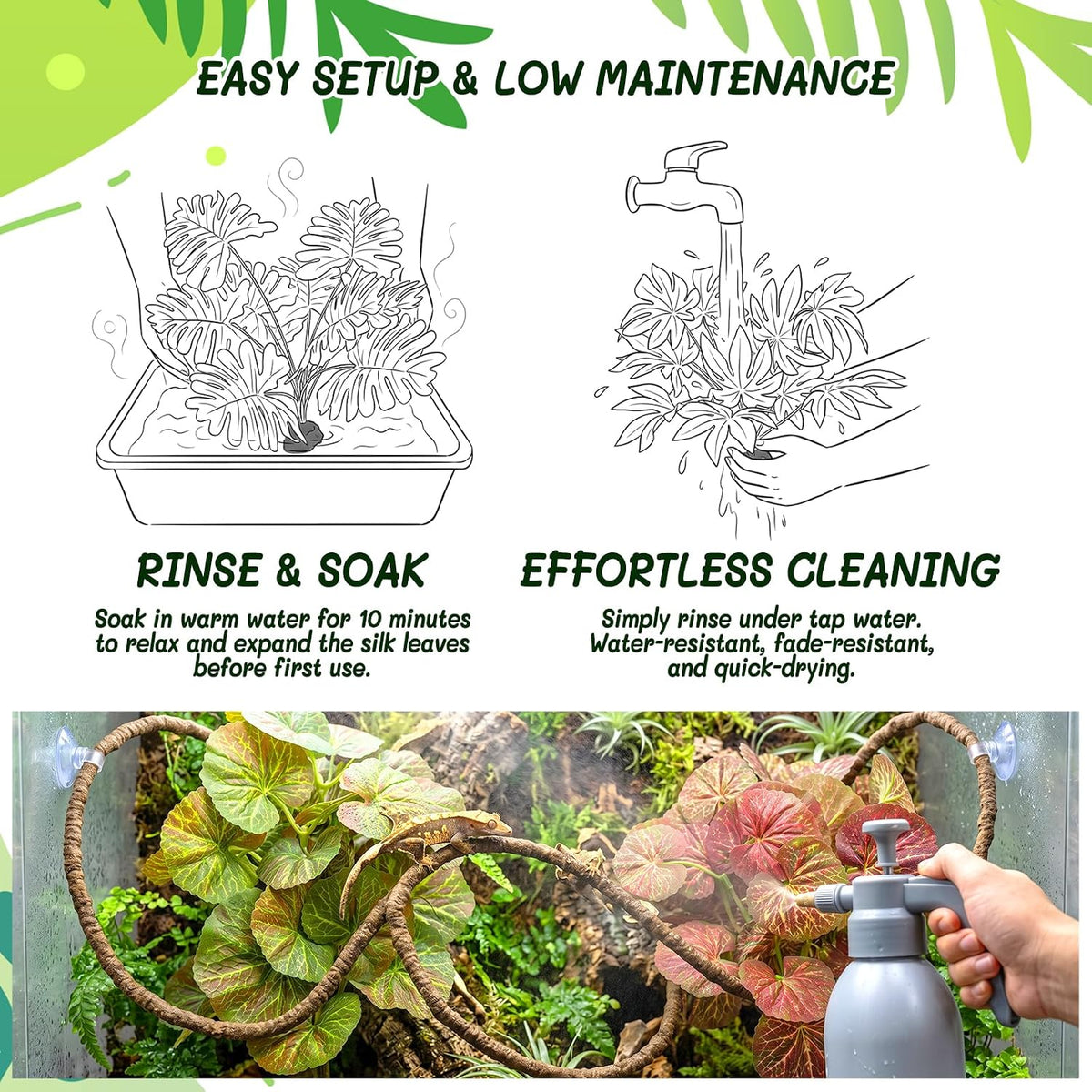 3PC Reptile Terrarium Habitat Decor Kit – Realistic Artificial Reptile Plants with Hanging Vine, Resin Stone Base – Jungle Rainforest Habitat & Climbing for Lizard & Amphibians (Syngonium)
