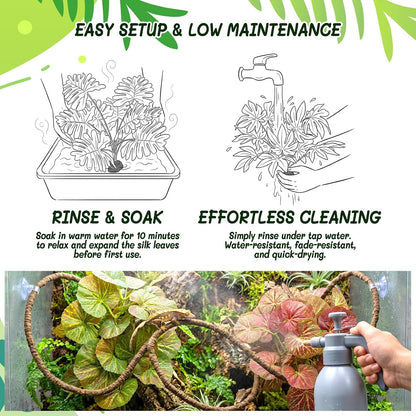 3PC Reptile Terrarium Habitat Decor Kit – Realistic Artificial Reptile Plants with Hanging Vine, Resin Stone Base – Jungle Rainforest Habitat & Climbing for Lizard & Amphibians (Syngonium)