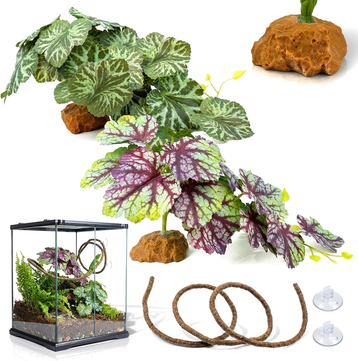 3PC Reptile Terrarium Habitat Decor Kit – Realistic Artificial Reptile Plants with Hanging Vine, Resin Stone Base – Jungle Rainforest Habitat & Climbing for Lizard & Amphibians (Syngonium)