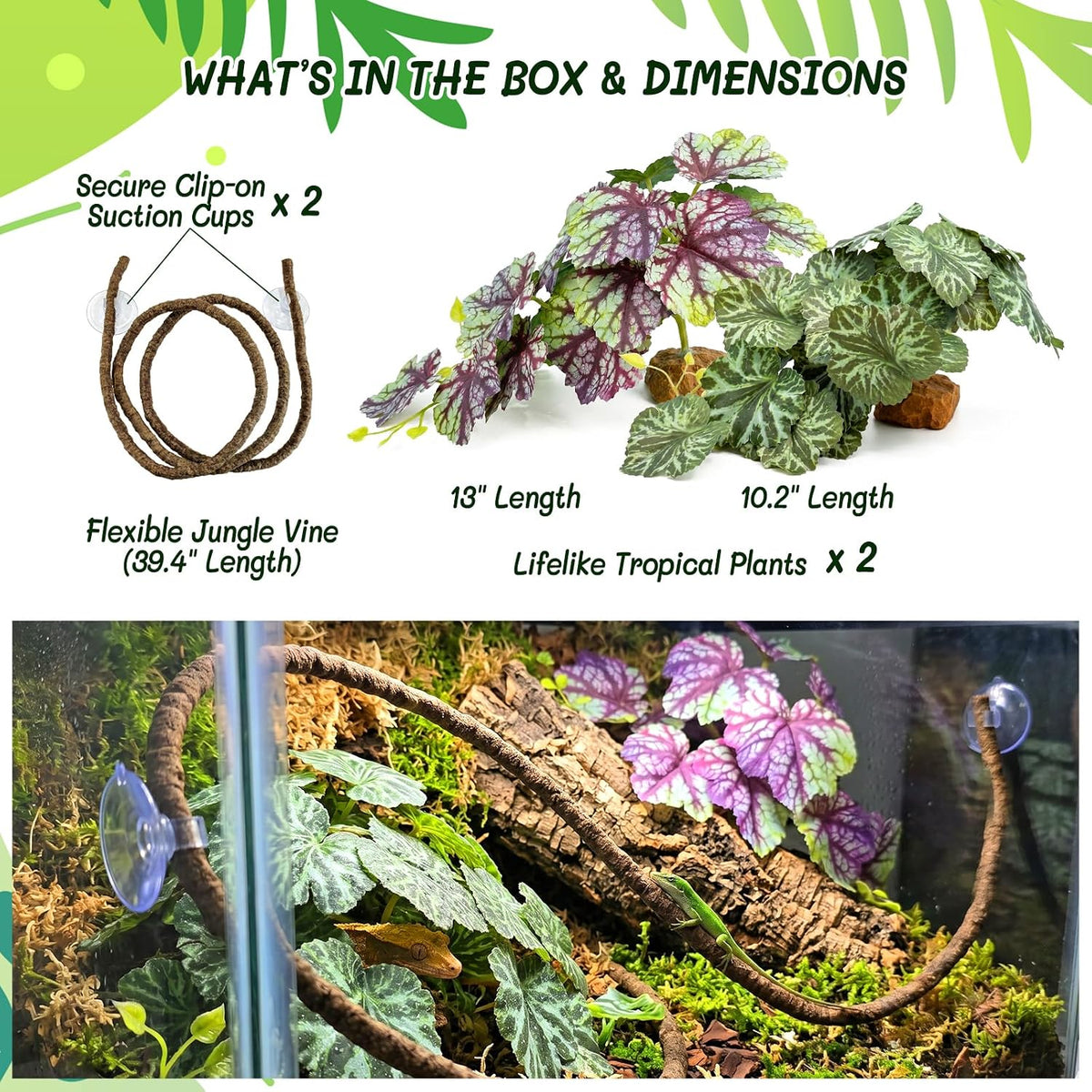 3PC Reptile Terrarium Habitat Decor Kit – Realistic Artificial Reptile Plants with Hanging Vine, Resin Stone Base – Jungle Rainforest Habitat & Climbing for Lizard & Amphibians (Syngonium)