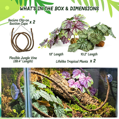 3PC Reptile Terrarium Habitat Decor Kit – Realistic Artificial Reptile Plants with Hanging Vine, Resin Stone Base – Jungle Rainforest Habitat & Climbing for Lizard & Amphibians (Syngonium)